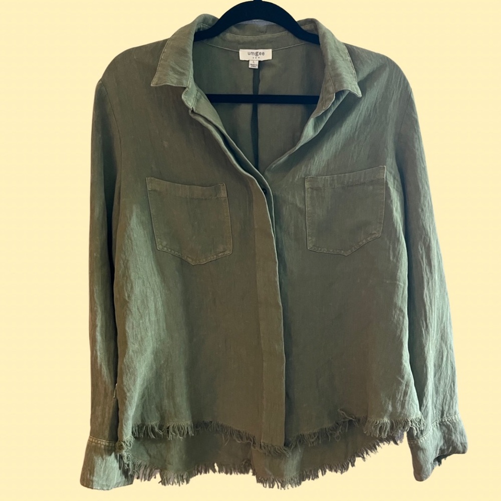 Umgee Olive Green Long Sleeve Fringe Button Up - Size L